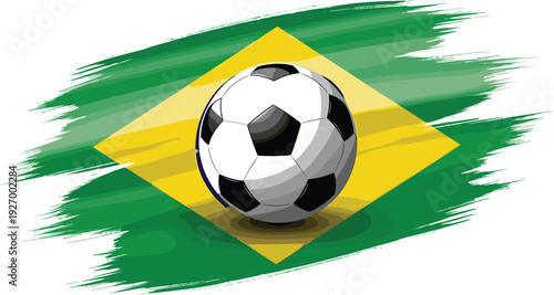 Brazil national flag background with a classic soccer ball design, creative artistic brush stroke style vector illustration