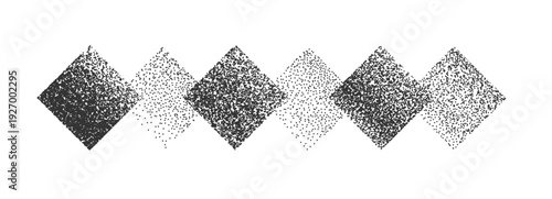 Monochrome stipple vector border with overlapping squares. Abstract geometric background design with dotwork texture and grainy fading noise effect. Minimalist retro dot gradation pattern. Vector