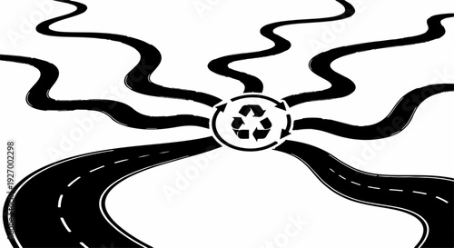 Abstract branching paths leading from a central recycling symbol, illustrating choices and opportunities.