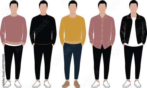 Stylish young men wearing sweaters and casual jackets, modern minimalist male fashion outfit collection isolated on white background illustration set
