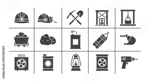 Mining equipment and tools silhouette collection for industry and construction.