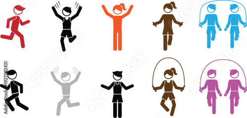 Kids running and jumping icon set, colorful children exercise and skipping rope flat vector illustration isolated on white