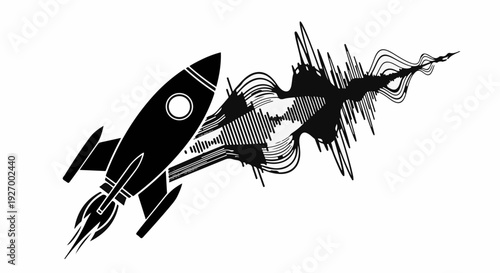 Rocket blasting off with abstract sound waves trailing behind, symbolizing innovation and progress.