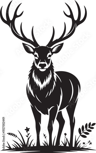 Majestic deer with large antlers standing in forest vector illustration