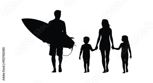 A family of four walks towards the viewer a father carrying a surfboard in silhouette high quality professional