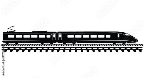 A sleek modern high speed train travels along the railway tracks depicted in black silhouette high quality professional detailed