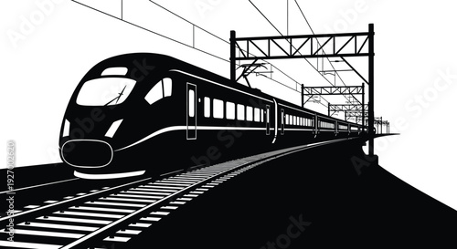 A sleek modern high speed train travels along railway tracks depicted in stark black silhouette high quality professional detailed