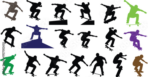 Skateboarder tricks silhouette collection, extreme skateboarding jump poses flat vector illustration isolated on white background