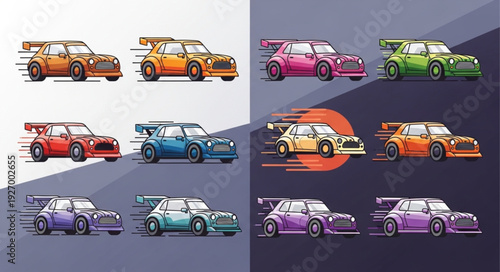 Pixelated racing cars in various colors speeding across the screen, dynamic movement.