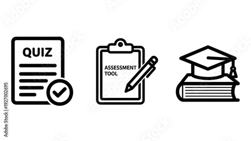 Academic Education and Certification Icons for Online Quizzes, Student Assessments, and Graduation Success