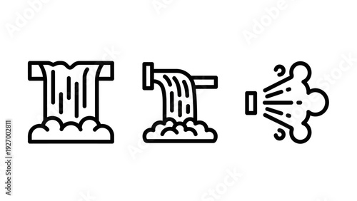 Water Flow, Waterfall, and Spray Mist Icons for Plumbing, Industrial Liquid Systems, and Environmental Resource Management