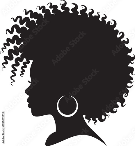 Afro woman silhouette with large curly hair and hoop earring