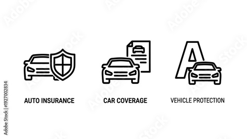 Auto Insurance and Vehicle Protection Icon Set Featuring Car Safety Shield Policy Coverage Document and Quality Rating