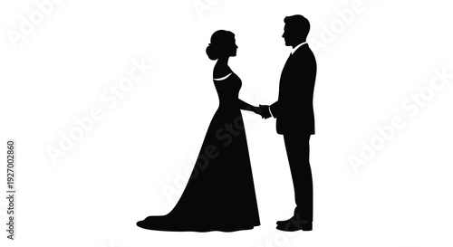 A newlywed couple stands closely holding hands representing love and commitment in a striking silhouette high quality professional