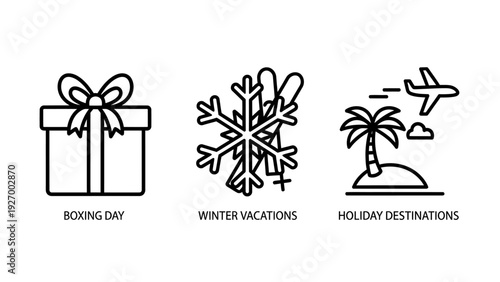 Seasonal Travel and Holiday Icons Showing Boxing Day Gift Winter Vacations with Skis and Tropical Destination with Plane