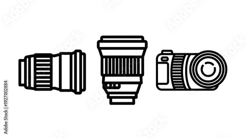 Professional Photography Gear Icons Illustrating Mirrorless Camera Body with Zoom and Prime Optical Lenses