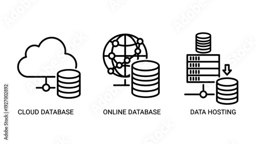 Cloud computing and data hosting icons featuring online database storage and global network server connectivity for technology business.