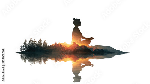 Silhouette of person meditating in yoga pose on mountain landscape, double exposure effect, spiritual practice, inner peace, nature reflection, serene atmosphere, mindfulness