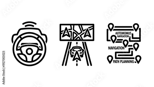 Autonomous Vehicle Navigation and Path Planning Icon Set Featuring Steering Wheel Radar Smart Car Maps and GPS Route Location Pins