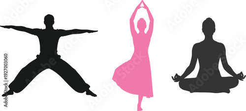Yoga meditation and ballet silhouettes set, warrior pose dancer lotus position flat vector illustration isolated background