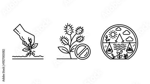 Sustainable Agriculture Icons Representing Planting, Organic Protection, and Ecological Balance