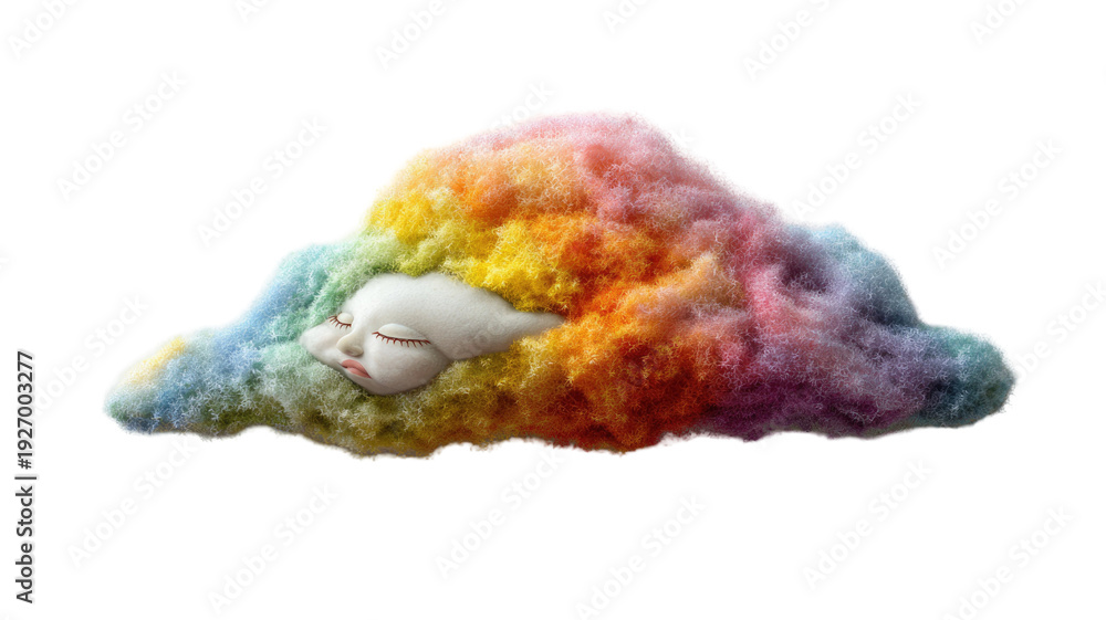 Fototapeta premium Soft rainbow colored sleeping cloud with peaceful face fluffy texture isolated on white background