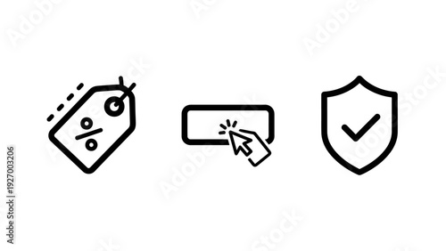Online shopping and security icons including a discount sale tag, a call to action button click, and a verified protection shield for safe e-commerce transactions