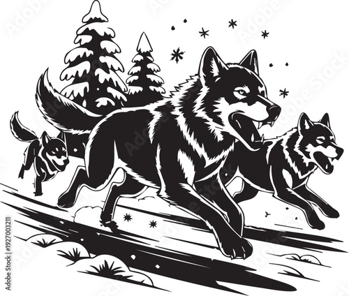 Pack of wolves running through snowy winter forest landscape vector