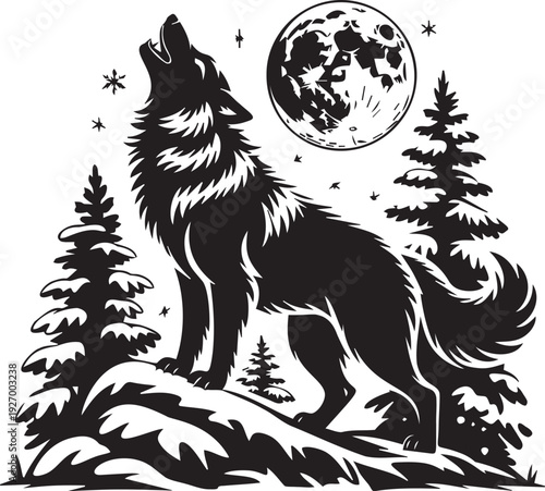 Wolf howling at full moon in snowy winter forest night scene vector