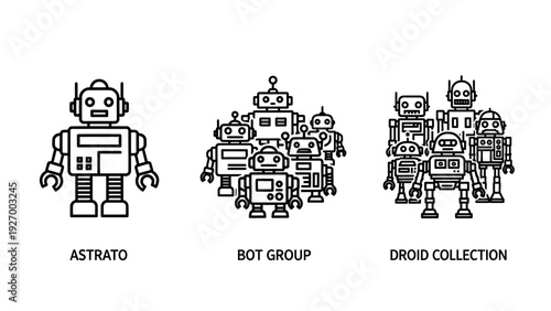 Collection of cute robot character line icons including a single droid, a group of bots, and a large collection of automated machines for artificial intelligence concepts.
