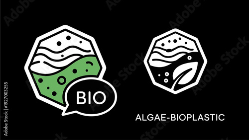 Sustainable algae-bioplastic badge icons representing eco-friendly bio materials and environmental conservation for green manufacturing and packaging.