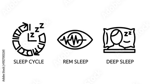 Health tracking icons for sleep cycle analysis including REM sleep monitoring and deep sleep rest phases for wellness and medical apps.
