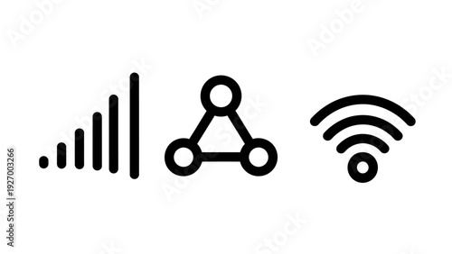 Minimalist wireless communication icon set featuring mobile signal strength bars, network nodes, and wifi symbol for digital connectivity and internet access.
