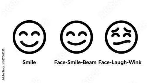 Set of happy face icons representing different levels of smiling, beaming, and laughing for social media and communication emotional feedback.