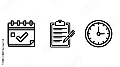 Productivity and time management line icons including a calendar with checkmark, clipboard with pen for tasks, and an analog clock for deadlines.