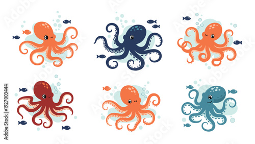 Set of six cute cartoon octopus characters in various colors and small fish for children marine life illustrations.