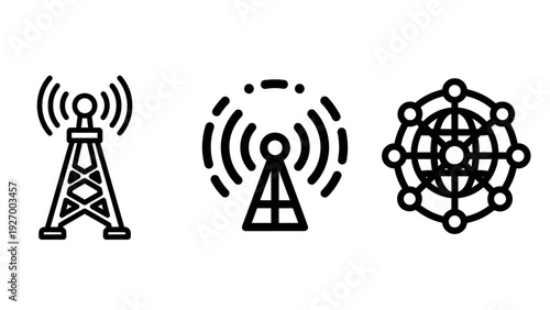 Telecommunication and network line icons featuring radio tower antennas for broadcasting and a global globe for worldwide data connectivity.