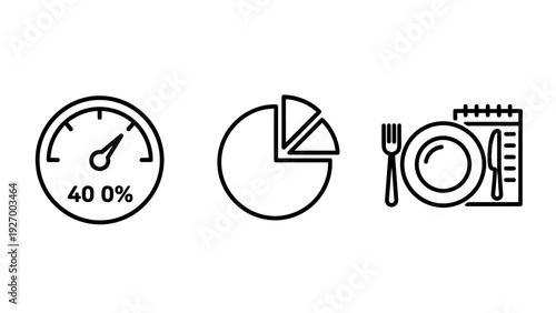 Performance tracking and lifestyle icons including a gauge meter, pie chart for data analysis, and a meal planning set with plate and notebook.