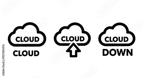 Cloud computing and storage line icons featuring basic cloud services, file upload with up arrow, and file download with down arrow symbols.