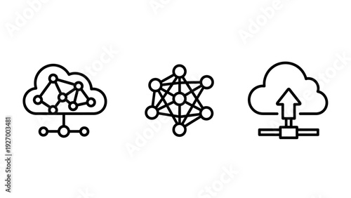 Infrastructure network icons depicting cloud connectivity, neural node distribution, and data upload management. Professional vector line art for technology systems and architecture.