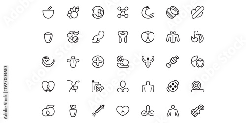 Abstract biological and medical thin line icons including various organ shapes and scientific lab symbols