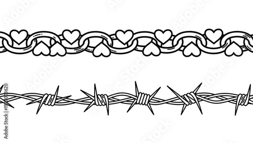Seamless border designs featuring a chain of hearts and a strand of sharp barbed wire in black and white line art.