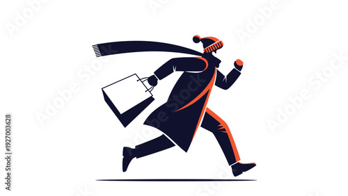 Silhouette of a person in a winter coat and scarf running with a shopping bag represents an urgent rush for holiday sales and deals.