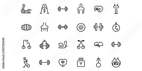 Fitness and gym equipment line icons set with dumbbells workout machines and healthy lifestyle illustrations
