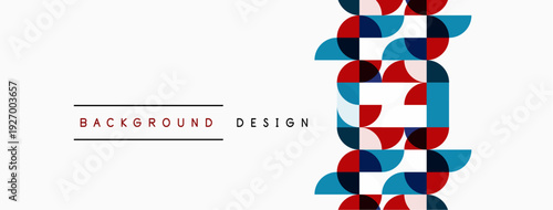 Abstract geometric pattern. Circles, squares create vertical design. Red, blue, white colors dominate composition. Minimalist style.