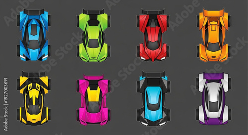 Collection of colorful racing cars viewed from above on a gray surface.