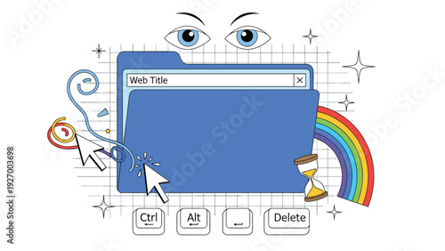 Creative digital concept showing a blue file folder surrounded by computer icons, a rainbow, and eyes symbolizing data organization and vision.