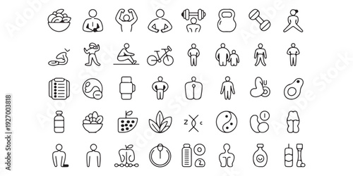 Comprehensive fitness tracking and healthy living icons featuring workout gear and anatomical silhouettes