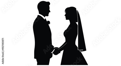A newlywed couple stands closely holding hands a romantic and timeless image a silhouette high quality professional