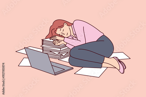 Overworked employee sleeps directly on a pile of paperwork due to burnout, lack of sleep, and corporate overtime pressure. Stress and exhaustion in the professional business environment.